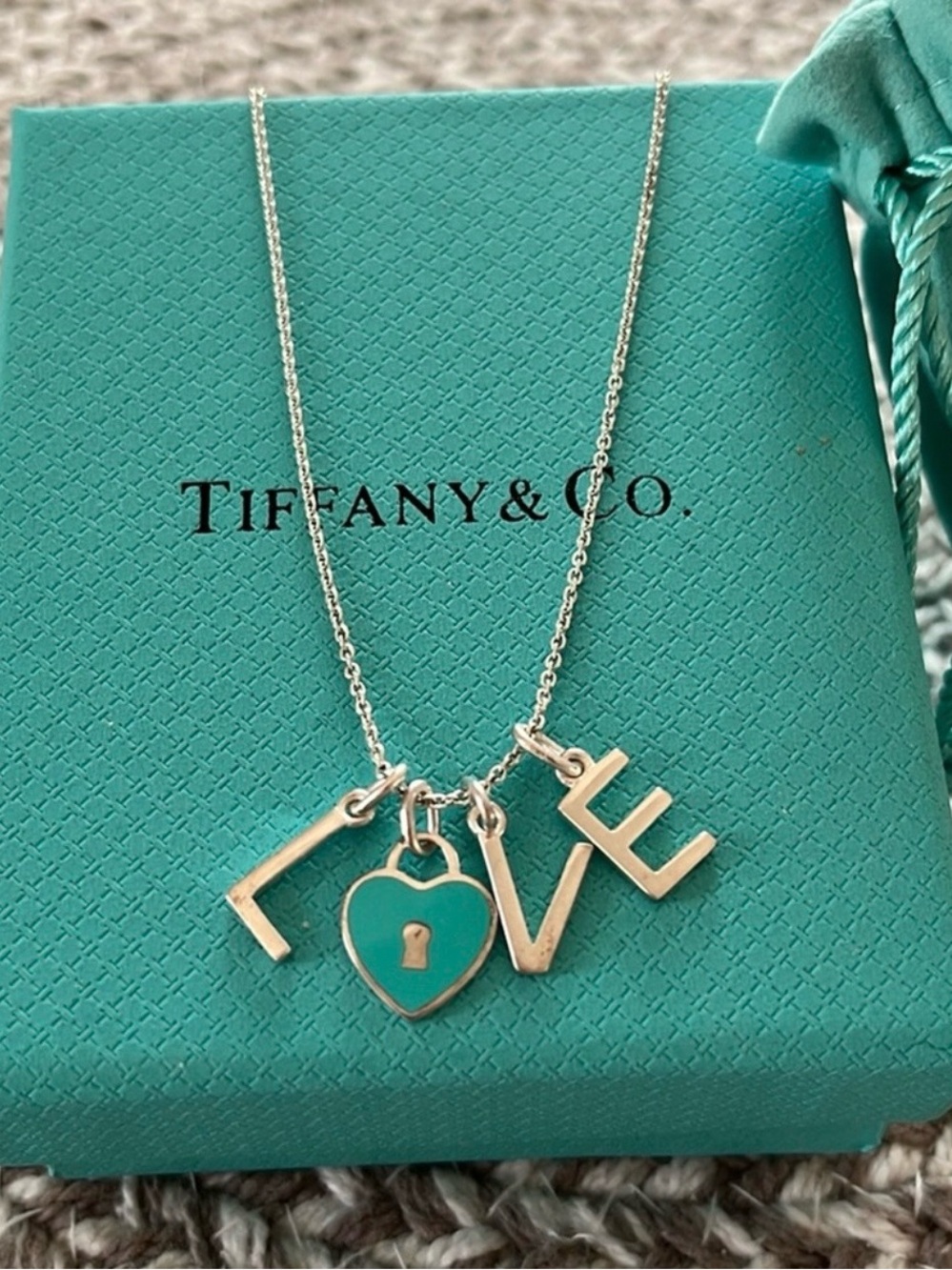 Tiffany & Co. Silver LOVE Letter Necklace with Tiffany Blue Heart Authentic